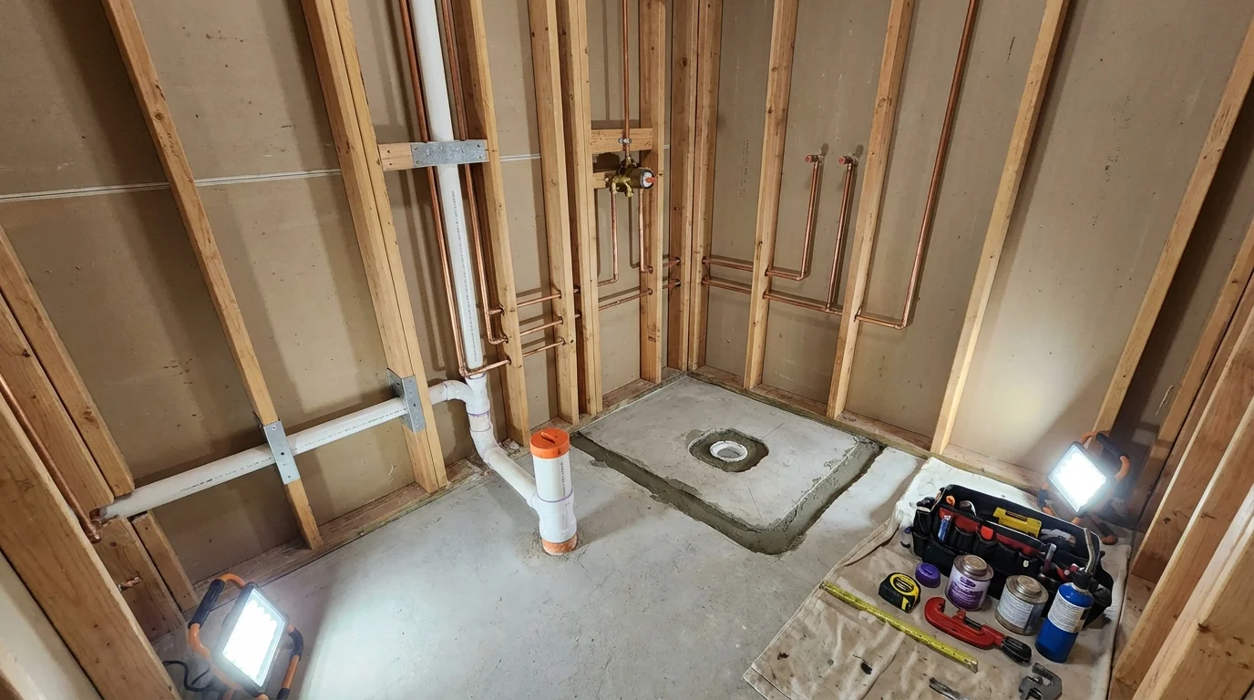 Bathroom rough-in plumbing during remodel by Johns Plumbing LLC in Hennessey