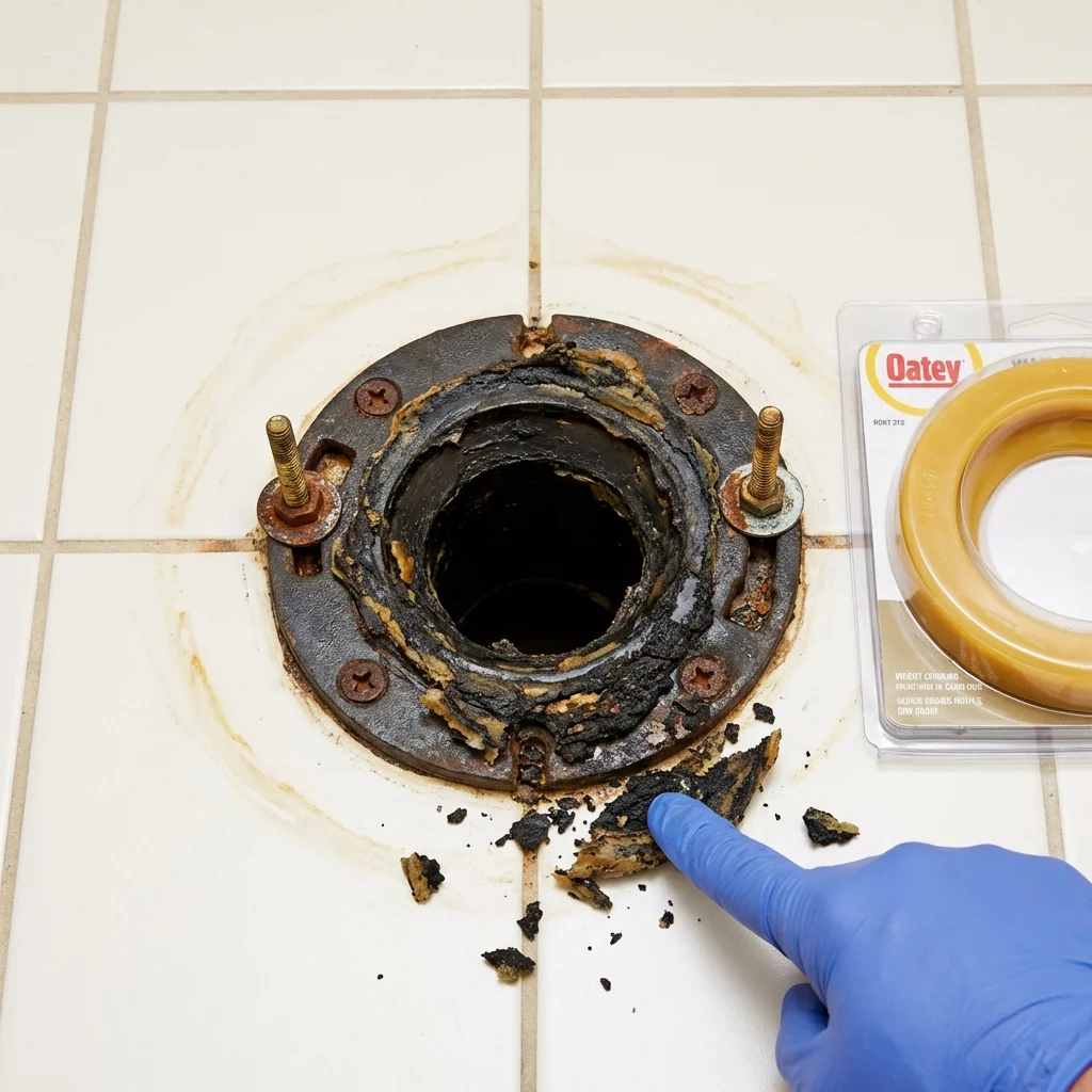 Failed wax ring showing water seepage at the base of a toilet in a Hennessey, OK home