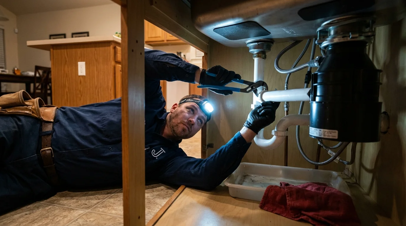 P-trap and supply line connections under a kitchen sink showing a common leak point in Hennessey, OK
